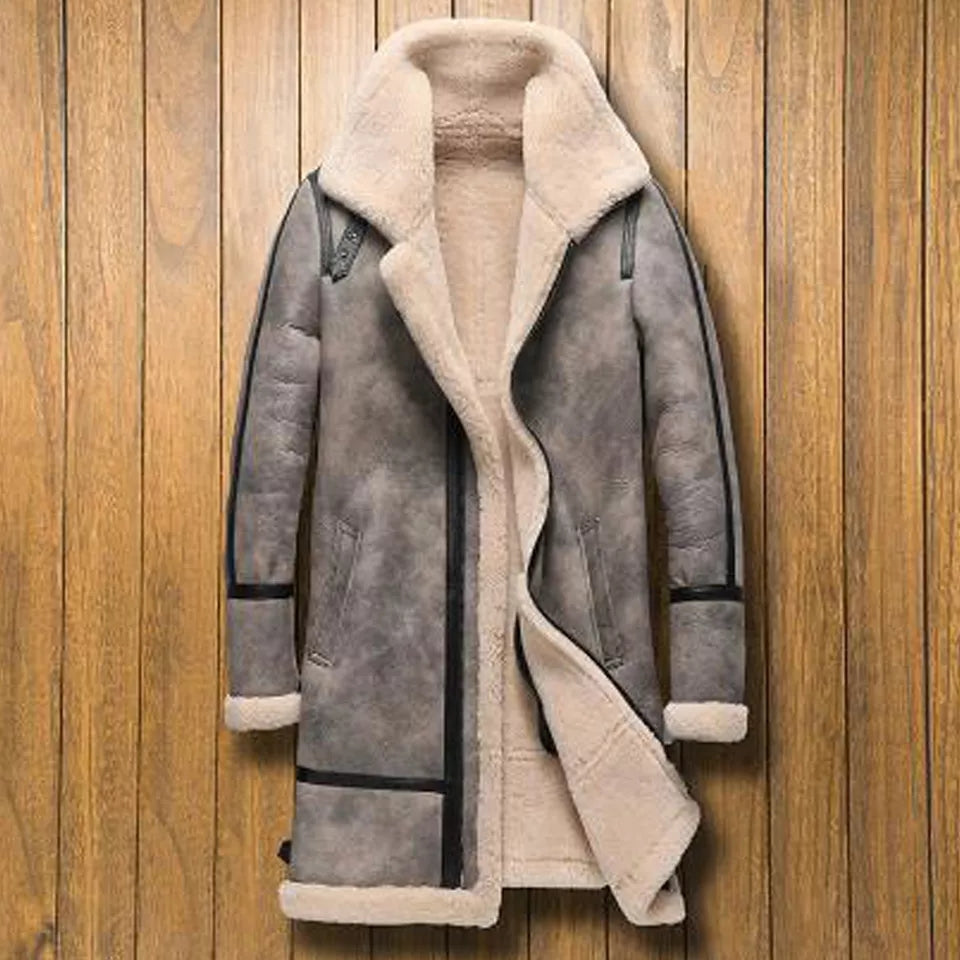 Men's Shearling Leather Coat In Gray With Removable Hood