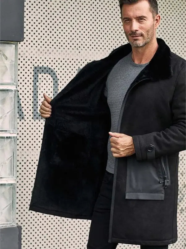 Men's Suede Leather Shearling Coat In Black