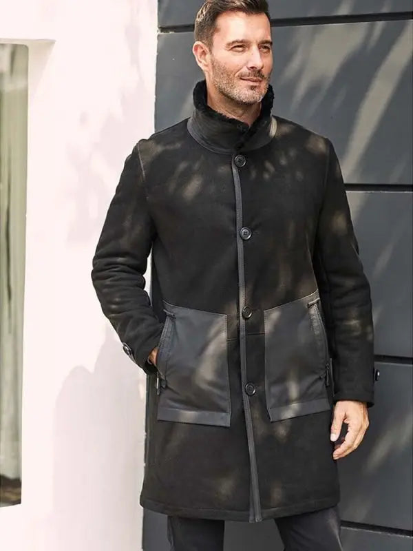 Men's Suede Leather Shearling Coat In Black