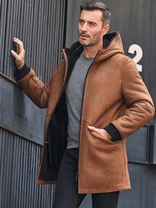 Men's Leather Shearling Coat In Brown With Hood