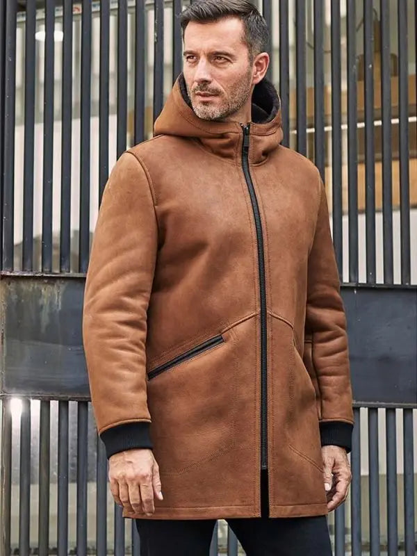 Men's Leather Shearling Coat In Brown With Hood
