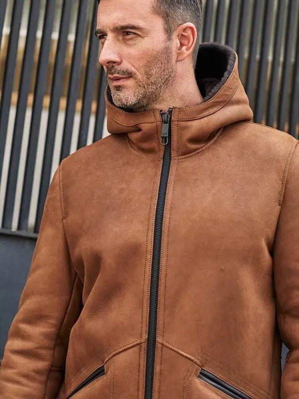 Men's Leather Shearling Coat In Brown With Hood