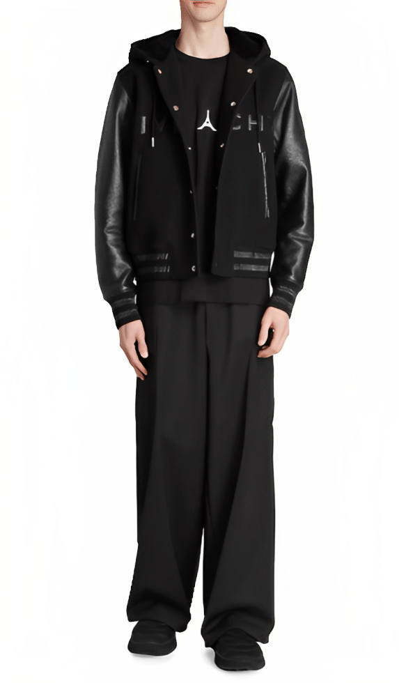 Men's Varsity Bomber Leather Jacket In Black With Hood