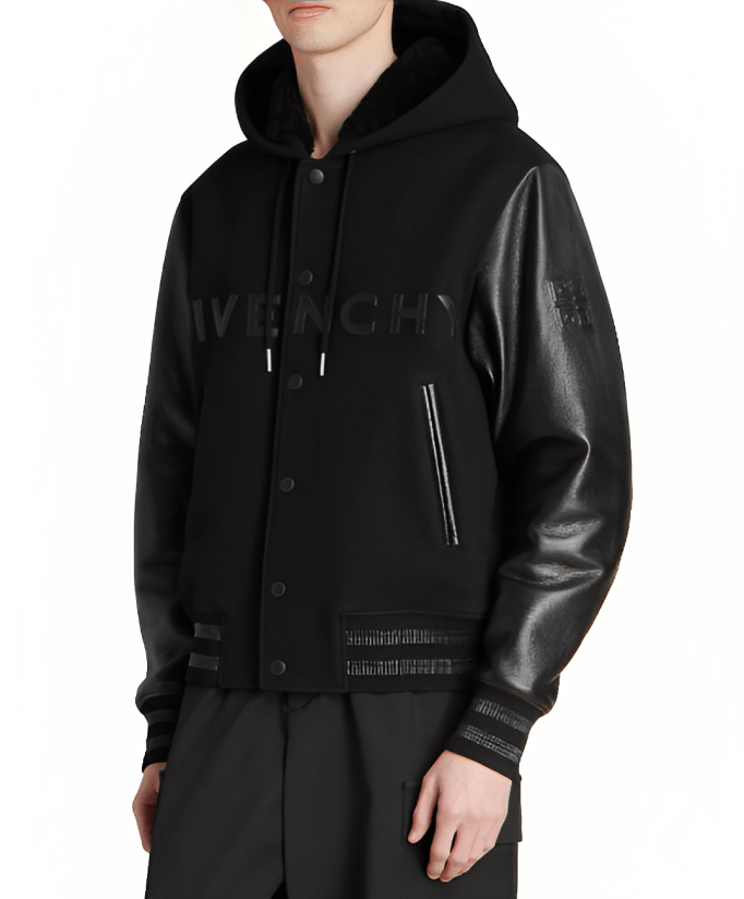 Men's Varsity Bomber Leather Jacket In Black With Hood