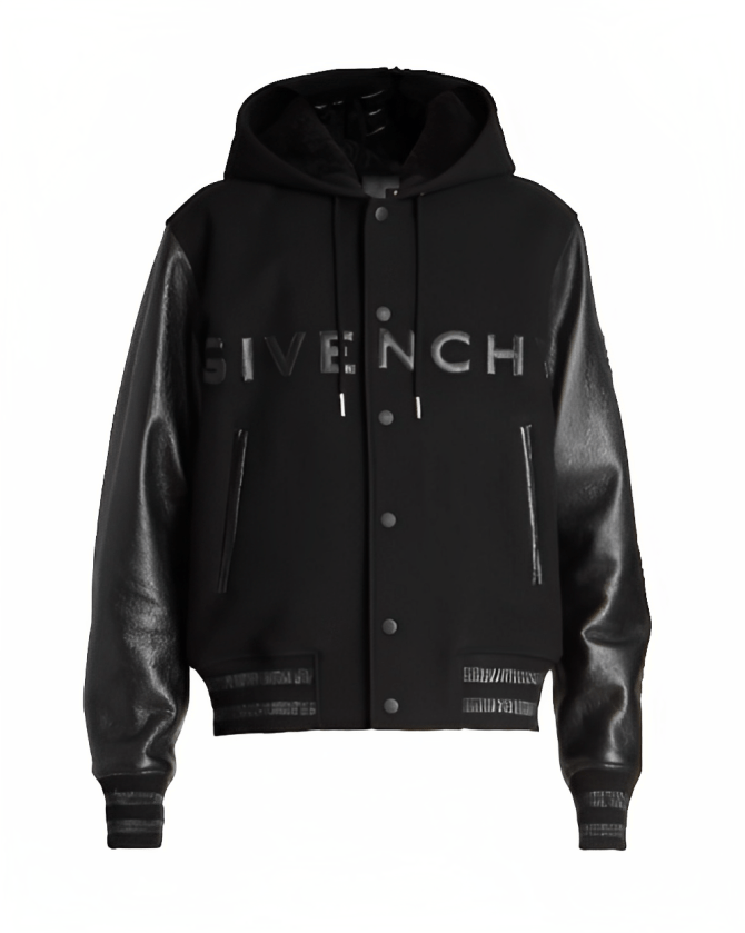 Men's Varsity Bomber Leather Jacket In Black With Hood