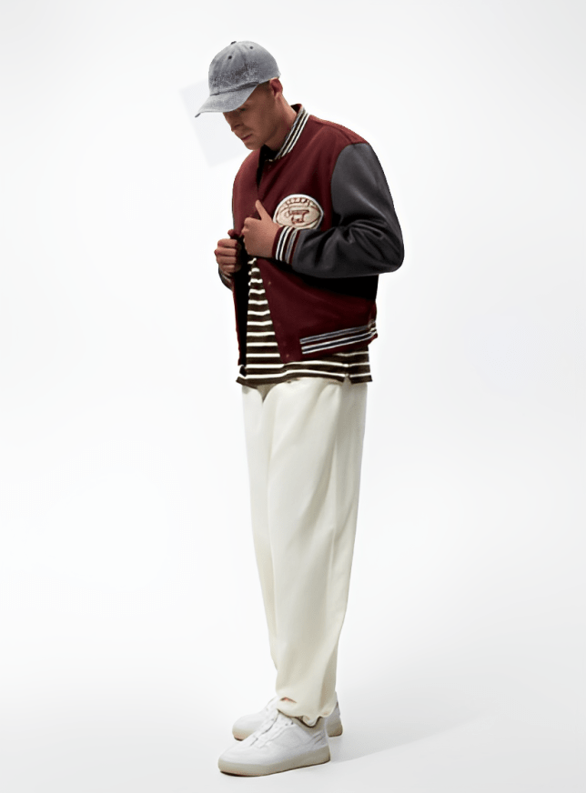 Men's Varsity Bomber Leather Jacket In Red