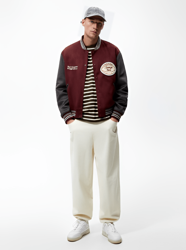 Men's Varsity Bomber Leather Jacket In Red
