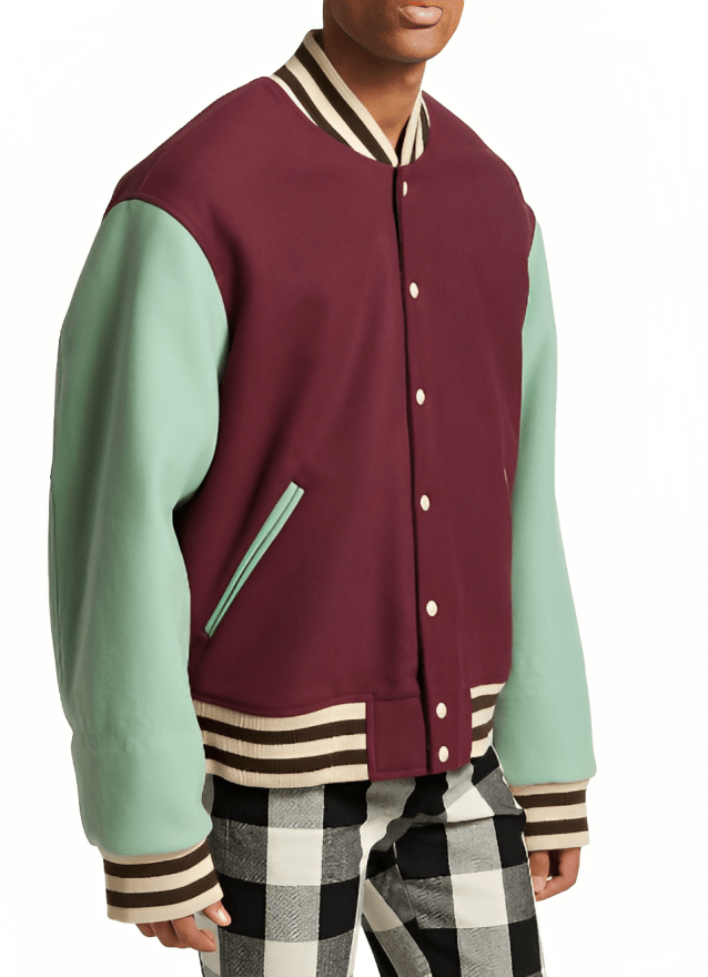 Men's Varsity Bomber Leather Jacket In Wine Red & Sky Blue Sleeves