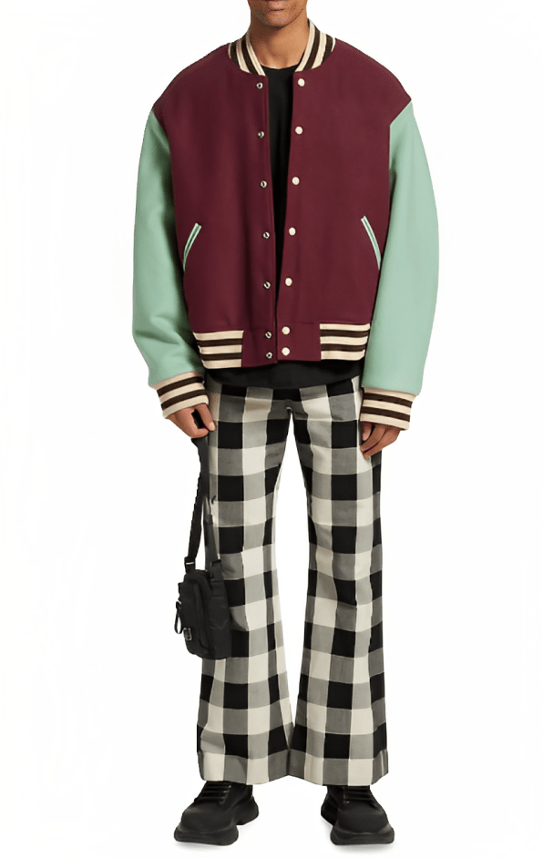 Men's Varsity Bomber Leather Jacket In Wine Red & Sky Blue Sleeves