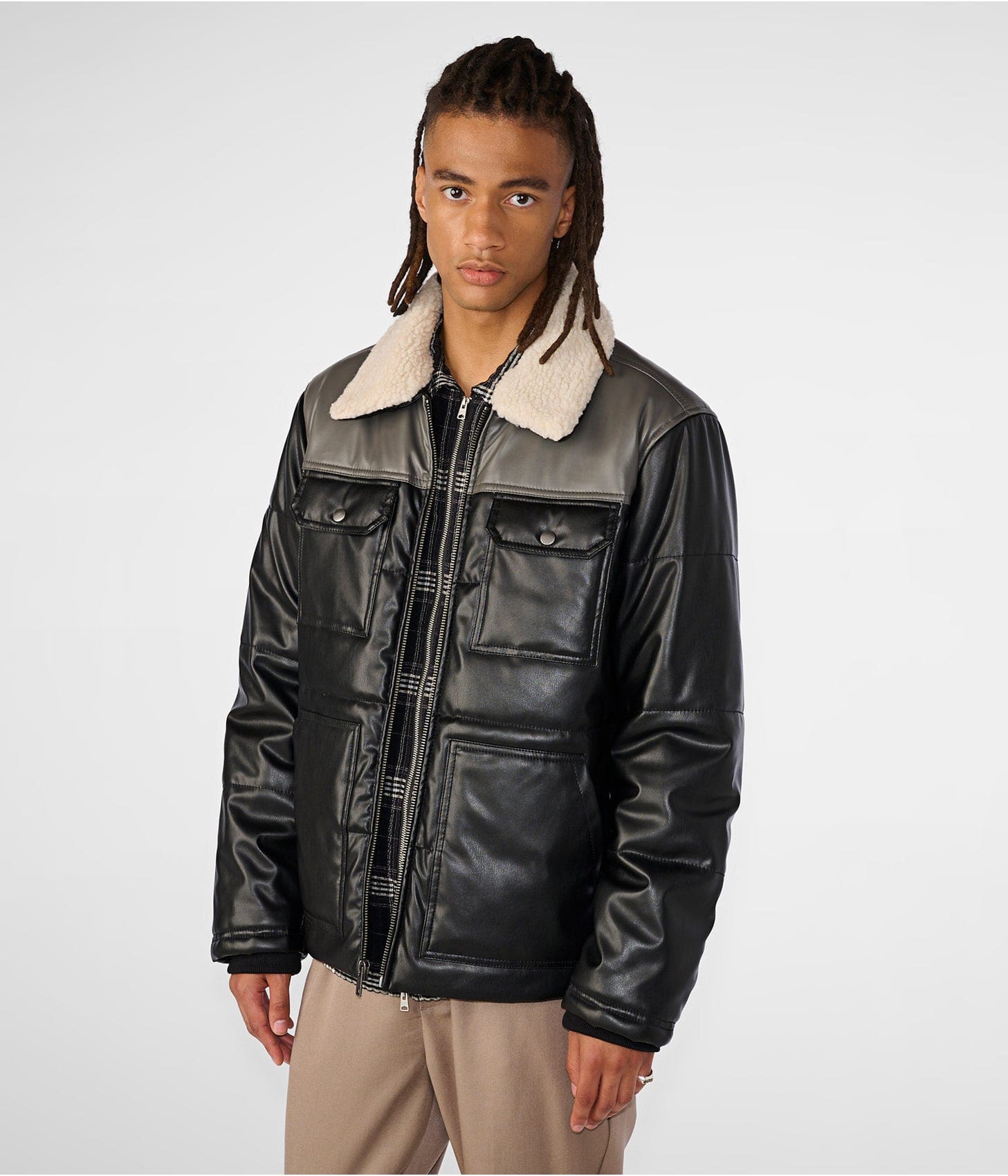 Men's Leather Puffer Jacket In Black With Removable Shearling Collar