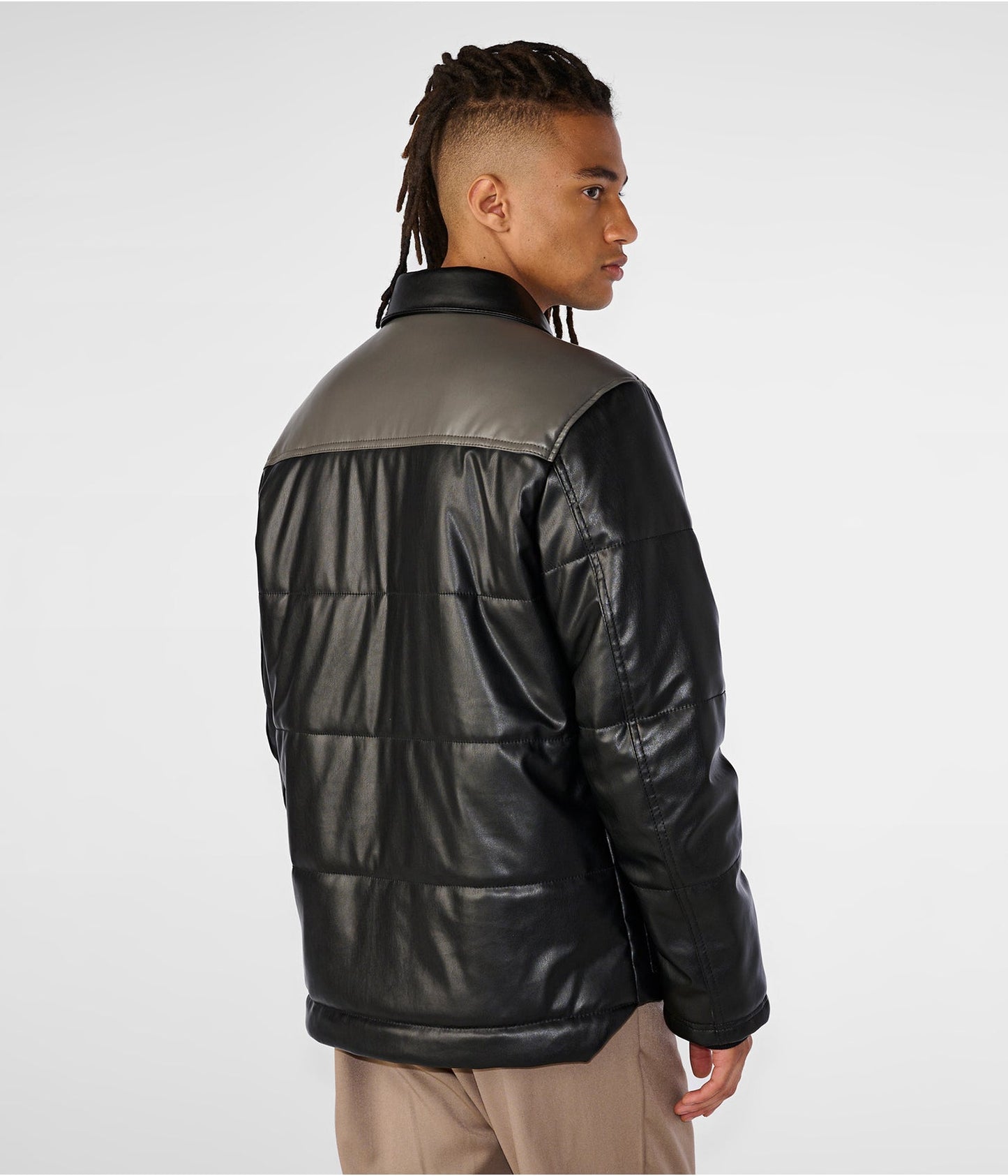 Men's Leather Puffer Jacket In Black With Removable Shearling Collar