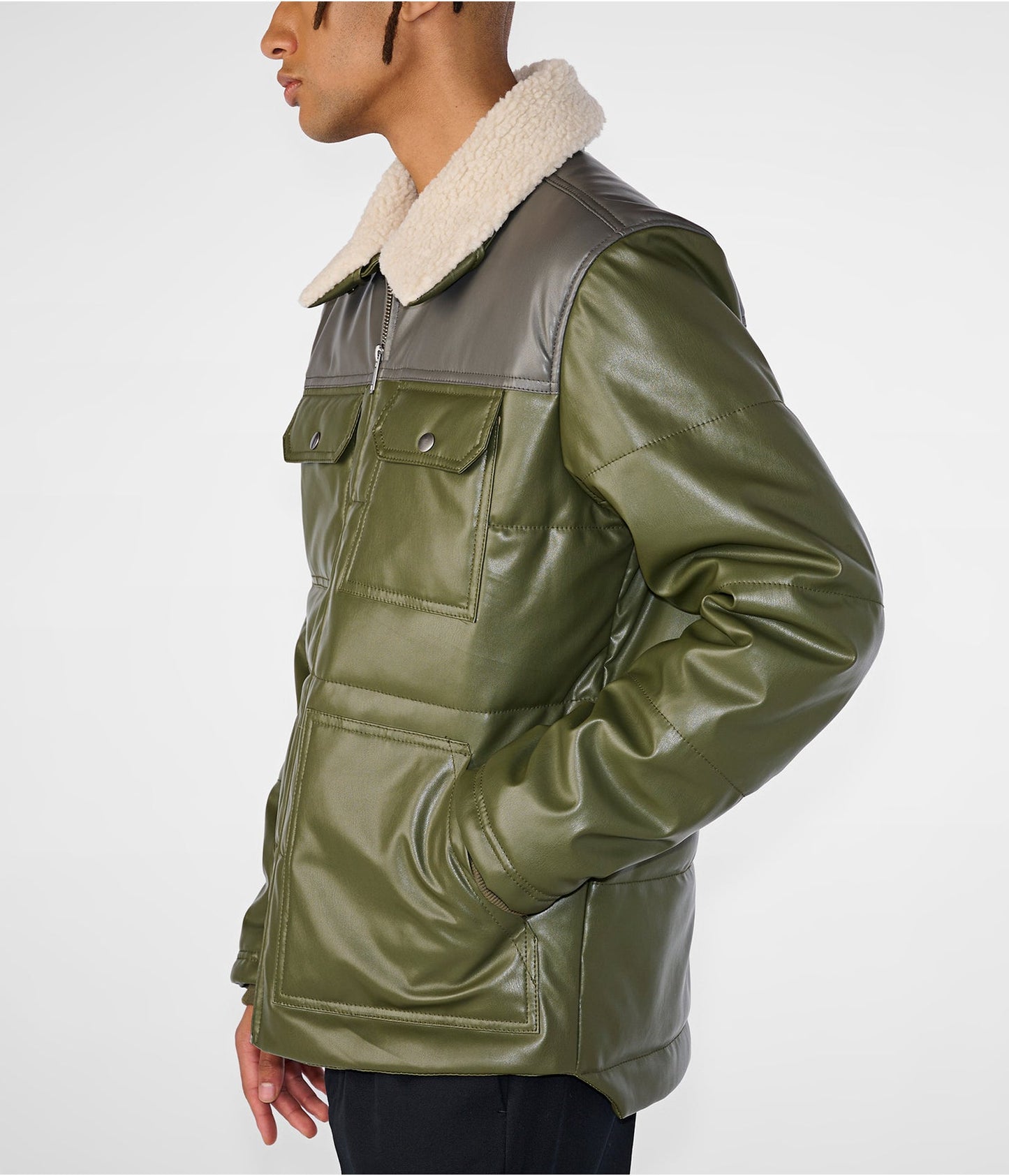 Men's Leather Puffer Jacket With Removable Shearling Collar