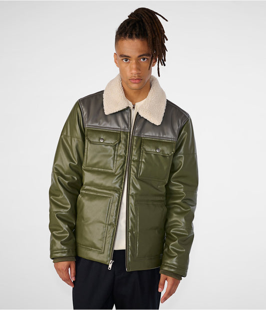 Men's Leather Puffer Jacket With Removable Shearling Collar