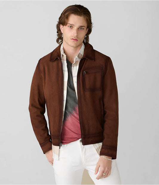 Men's Suede Leather Jacket In Dark Brown