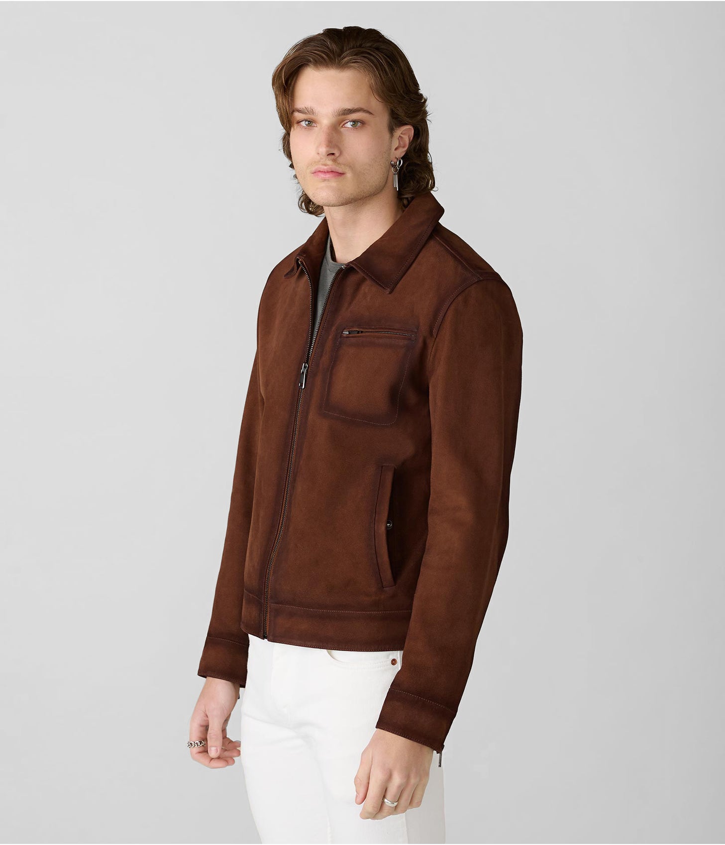 Men's Suede Leather Jacket In Dark Brown