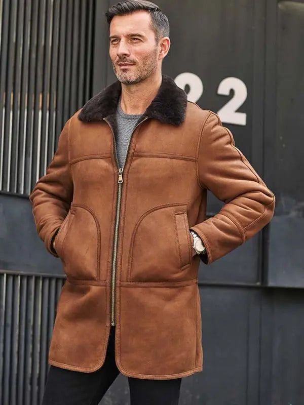 Men's Leather Shearling Coat In Brown