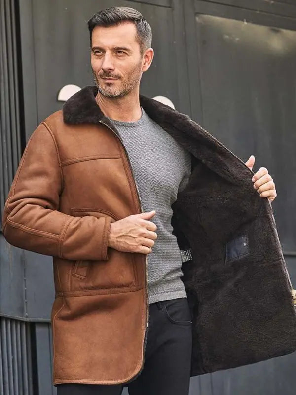 Men's Leather Shearling Coat In Brown