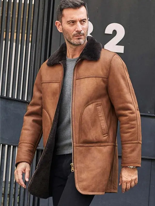 Men's Leather Shearling Coat In Brown