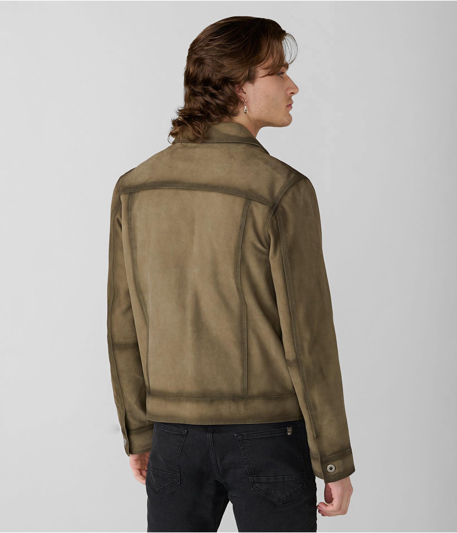 Men's Suede Leather Trucker Jacket In Olive Green
