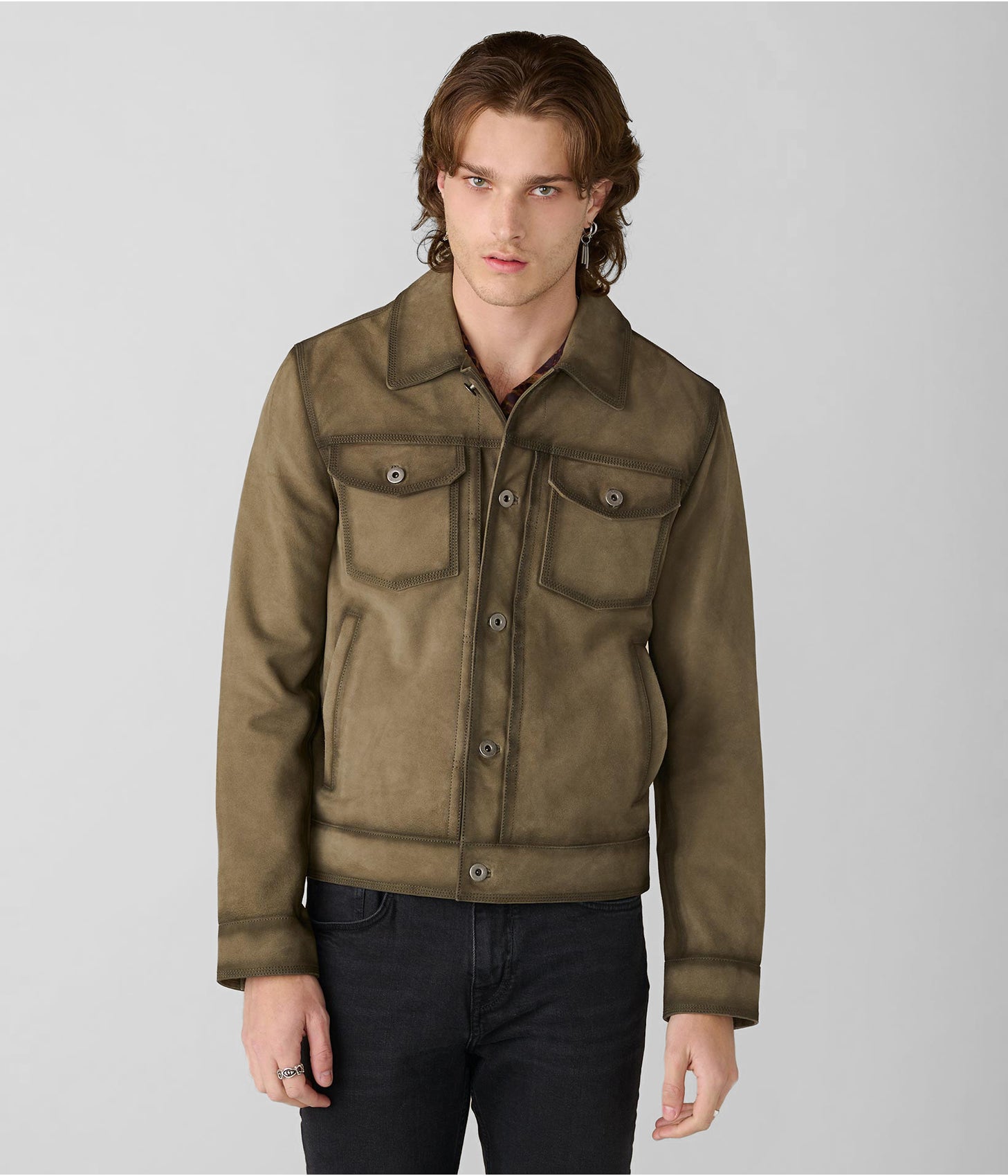 Men's Suede Leather Trucker Jacket In Olive Green
