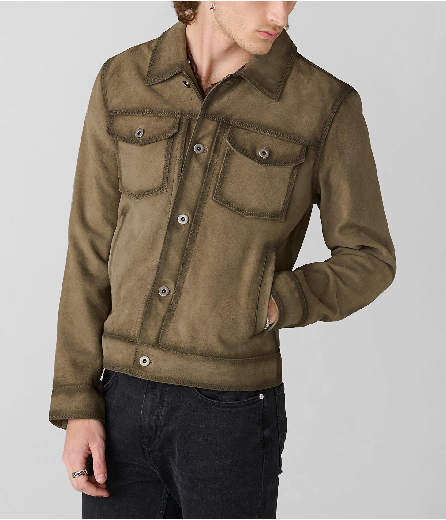 Men's Suede Leather Trucker Jacket In Olive Green