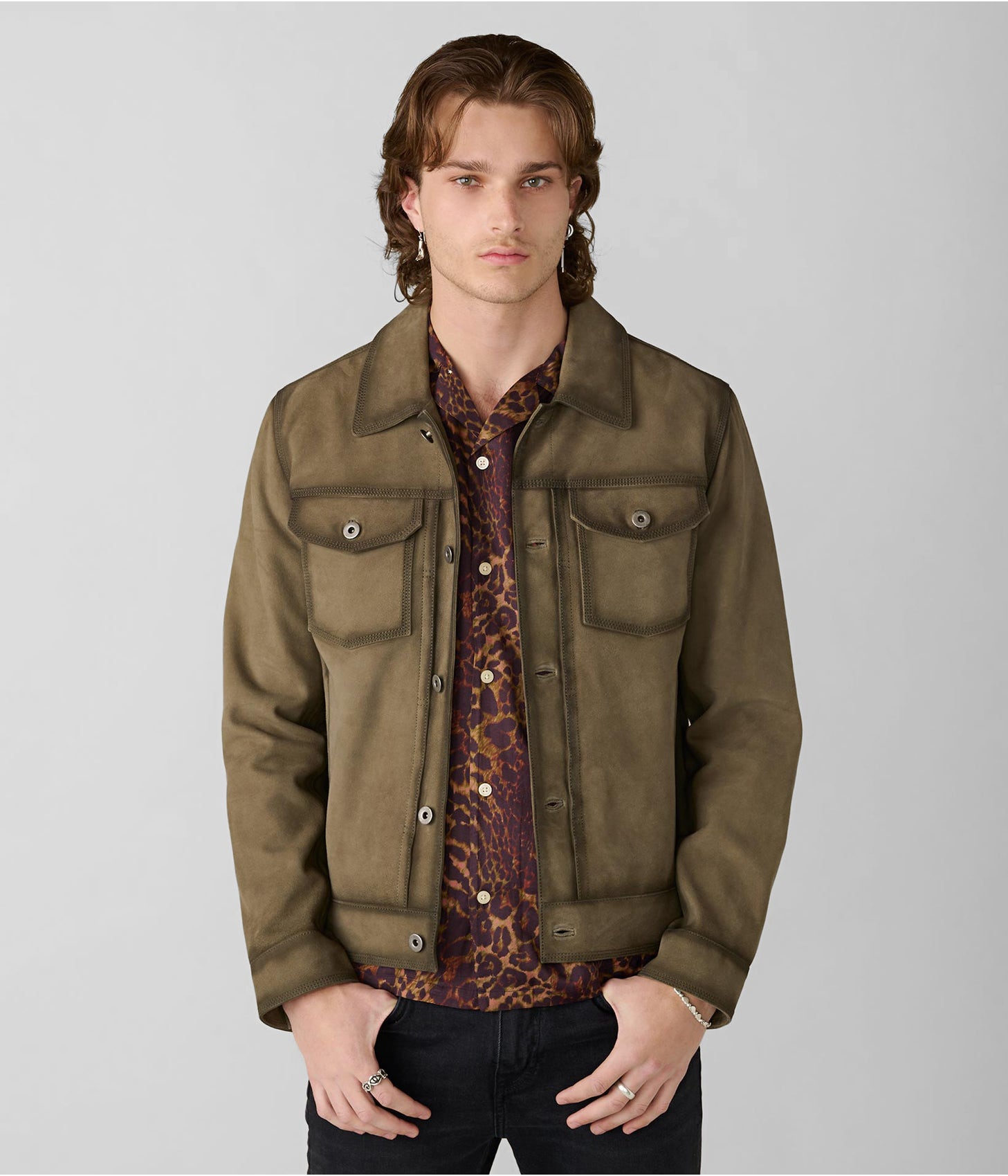 Men's Suede Leather Trucker Jacket In Olive Green