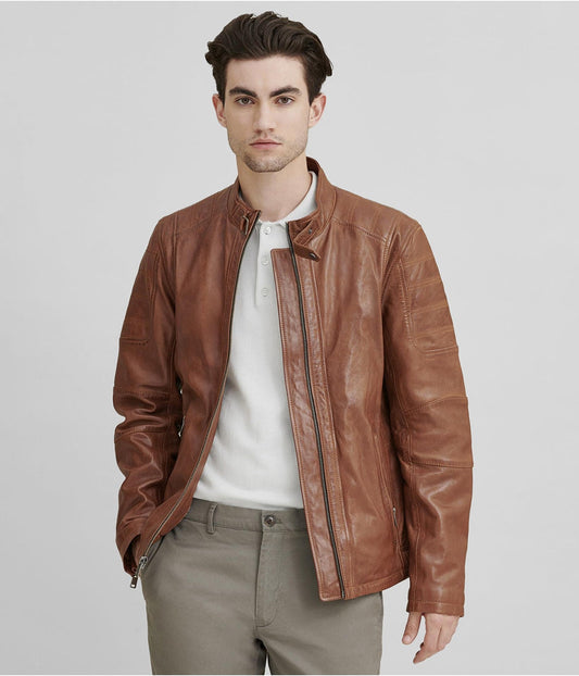 Men's Cafe Racer Leather Jacket In Brown