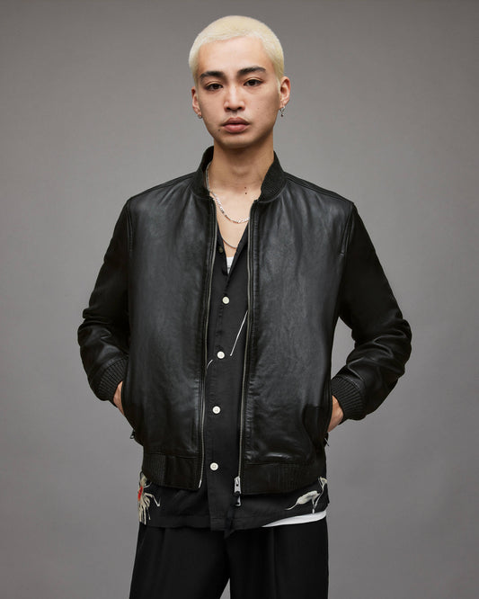 Men's Classic Leather Bomber Jacket In Black