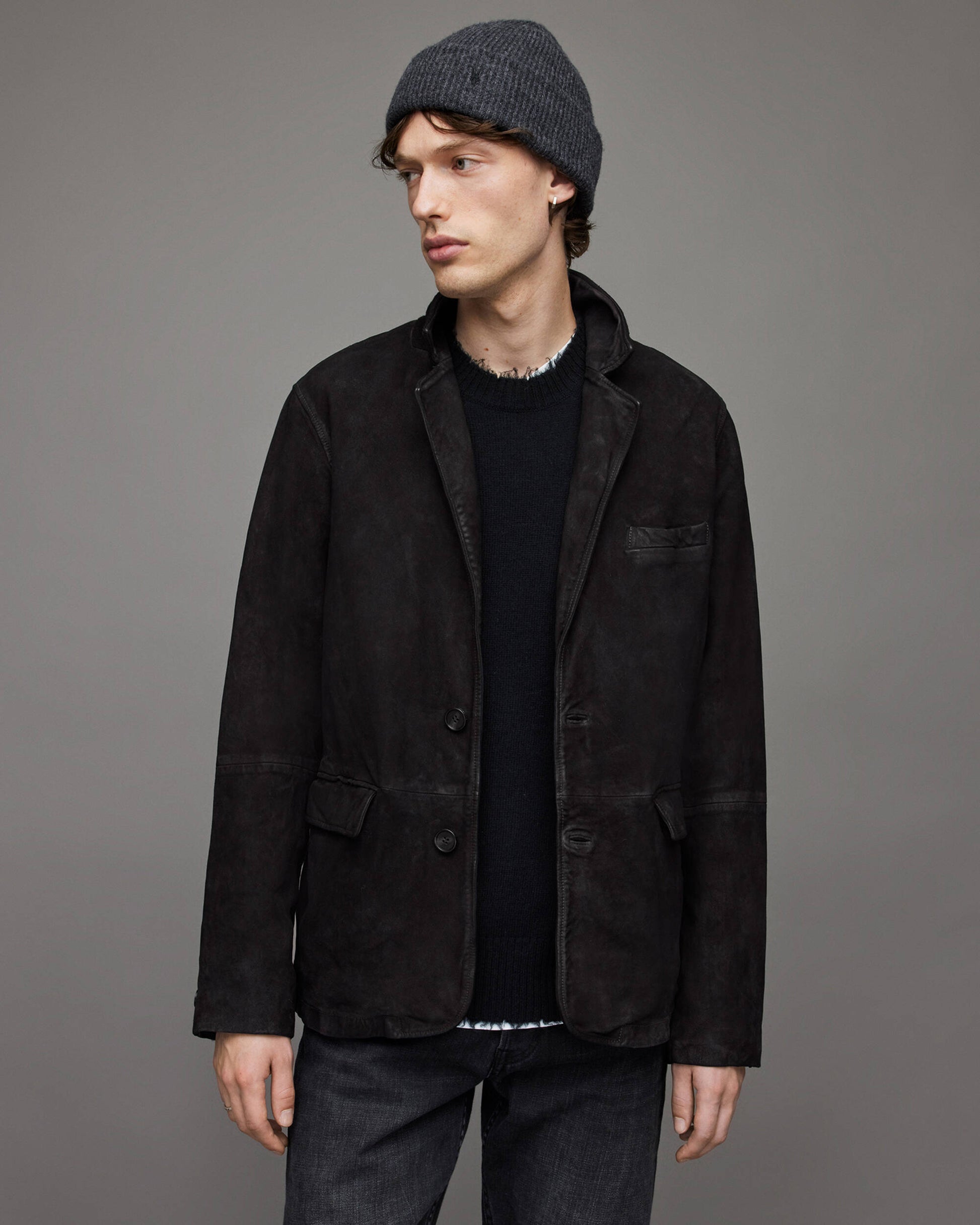 men Is Wearing Suede Leather Black Blazer