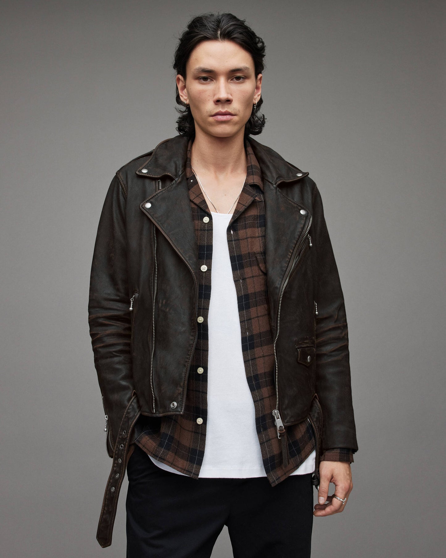 Men's Distressed Leather Biker Jacket In Black