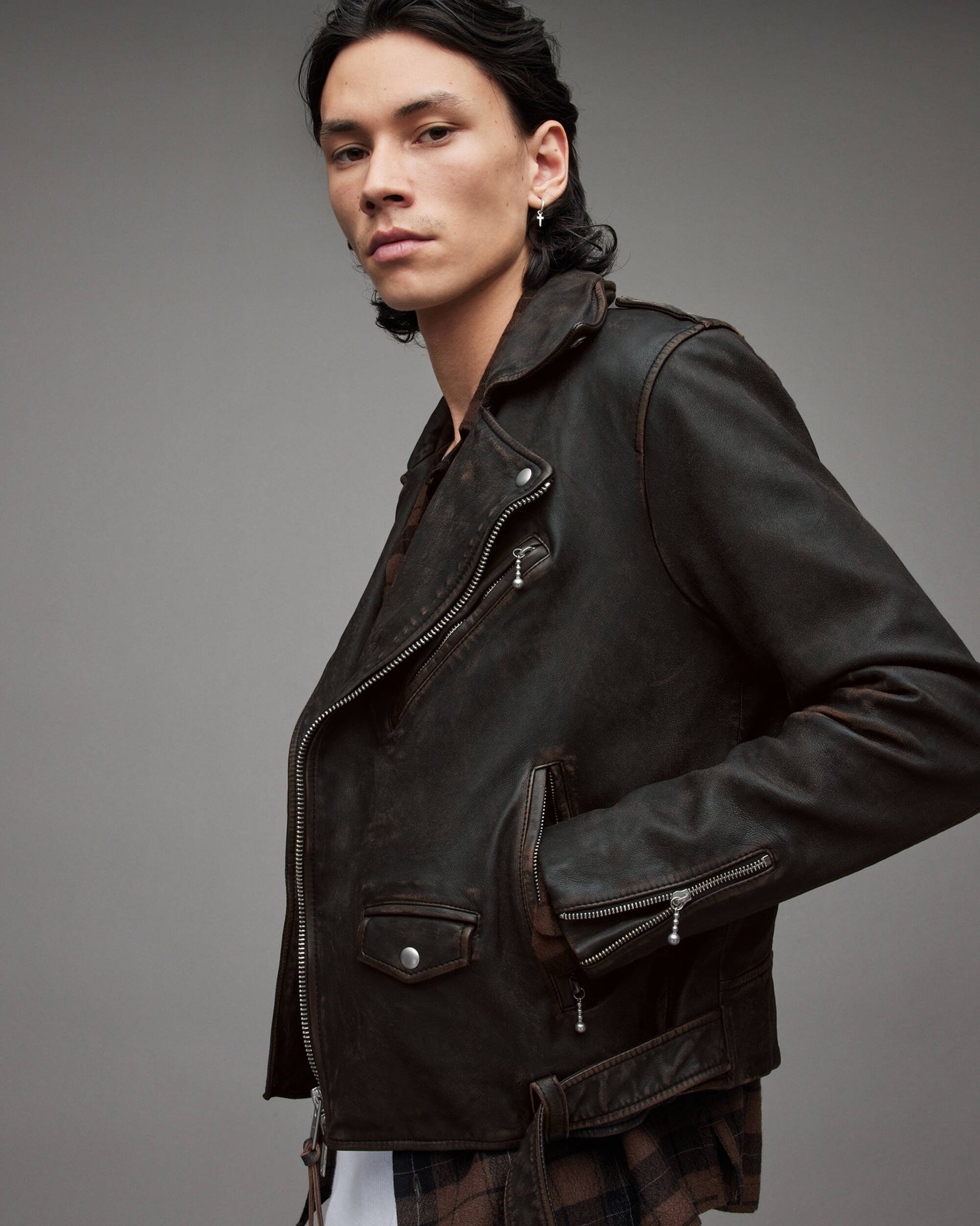 Men's Distressed Leather Biker Jacket In Black