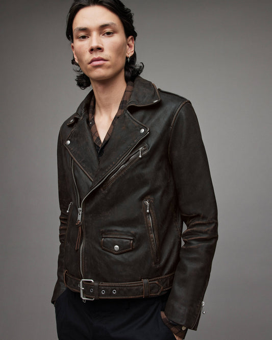 Men's Distressed Leather Biker Jacket In Black