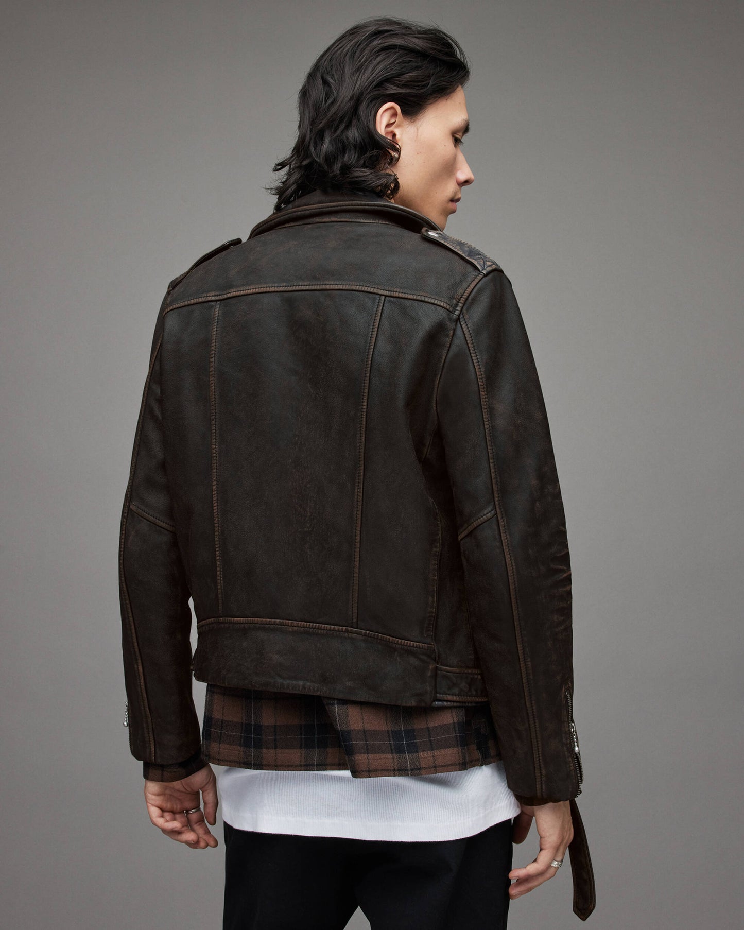 Men's Distressed Leather Biker Jacket In Black