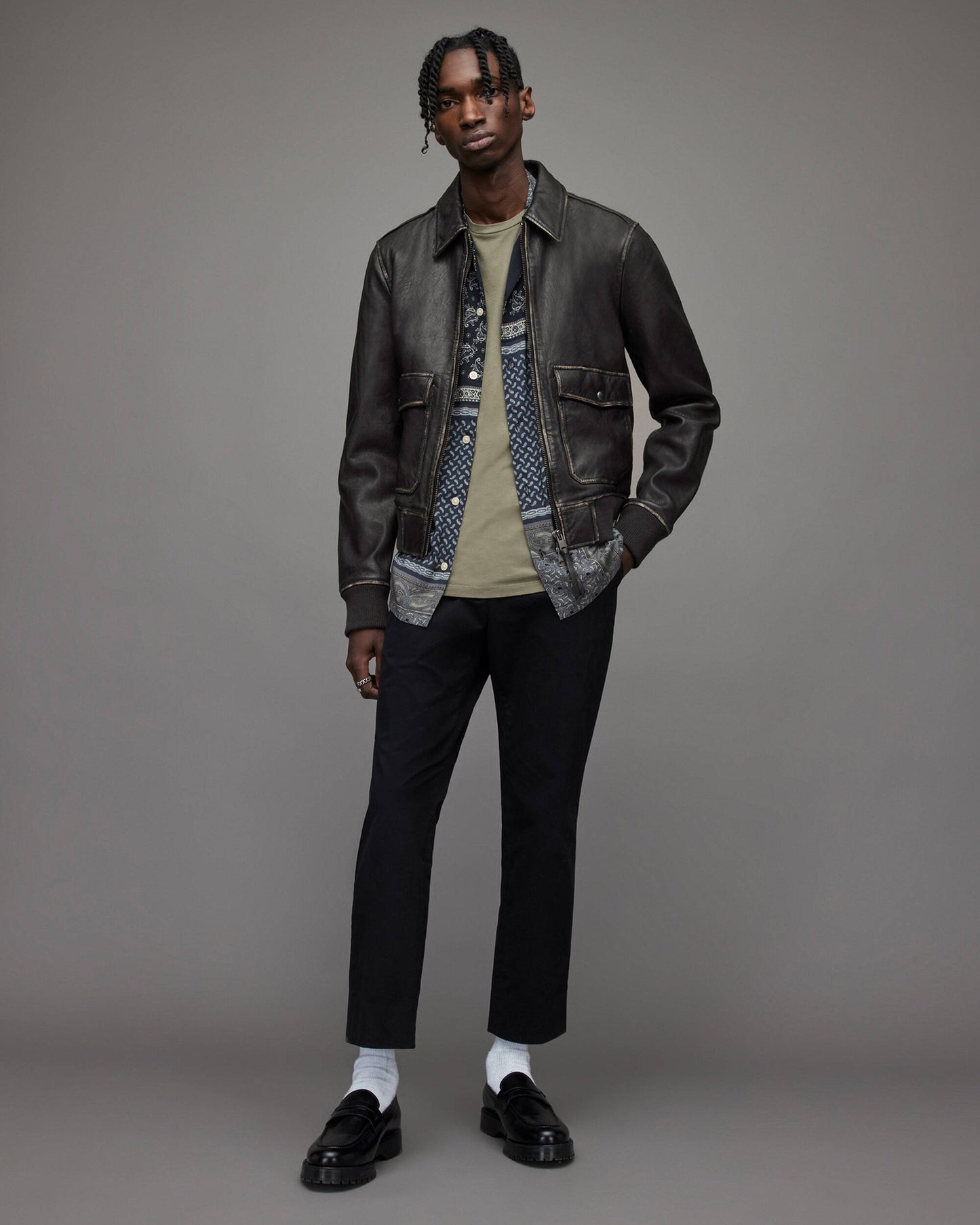 Men's Distressed Leather Bomber Harrington Jacket In Black