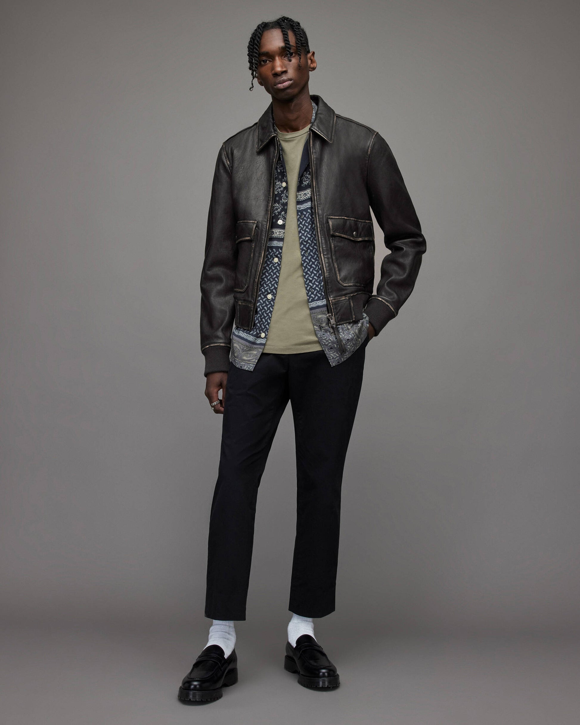 Men's Distressed Leather Bomber Harrington Jacket In Black
