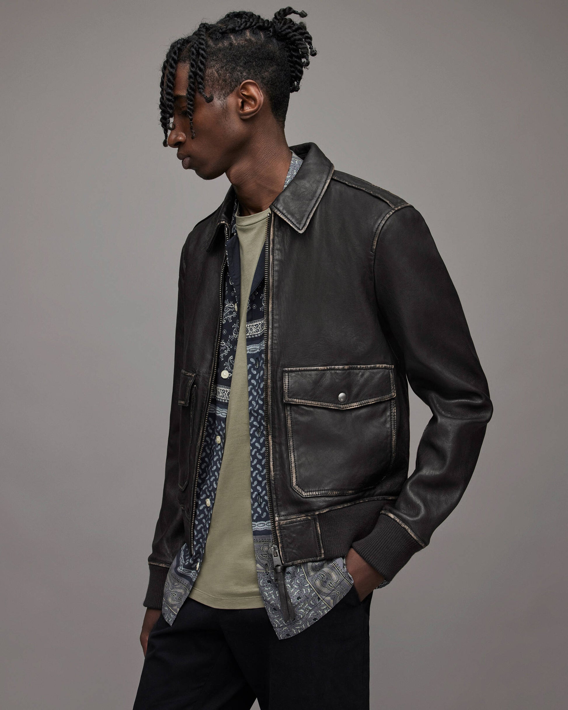 Men's Distressed Leather Bomber Harrington Jacket In Black
