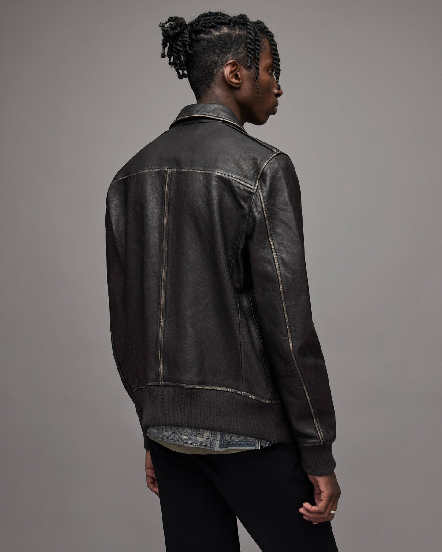 Men's Distressed Leather Bomber Harrington Jacket In Black