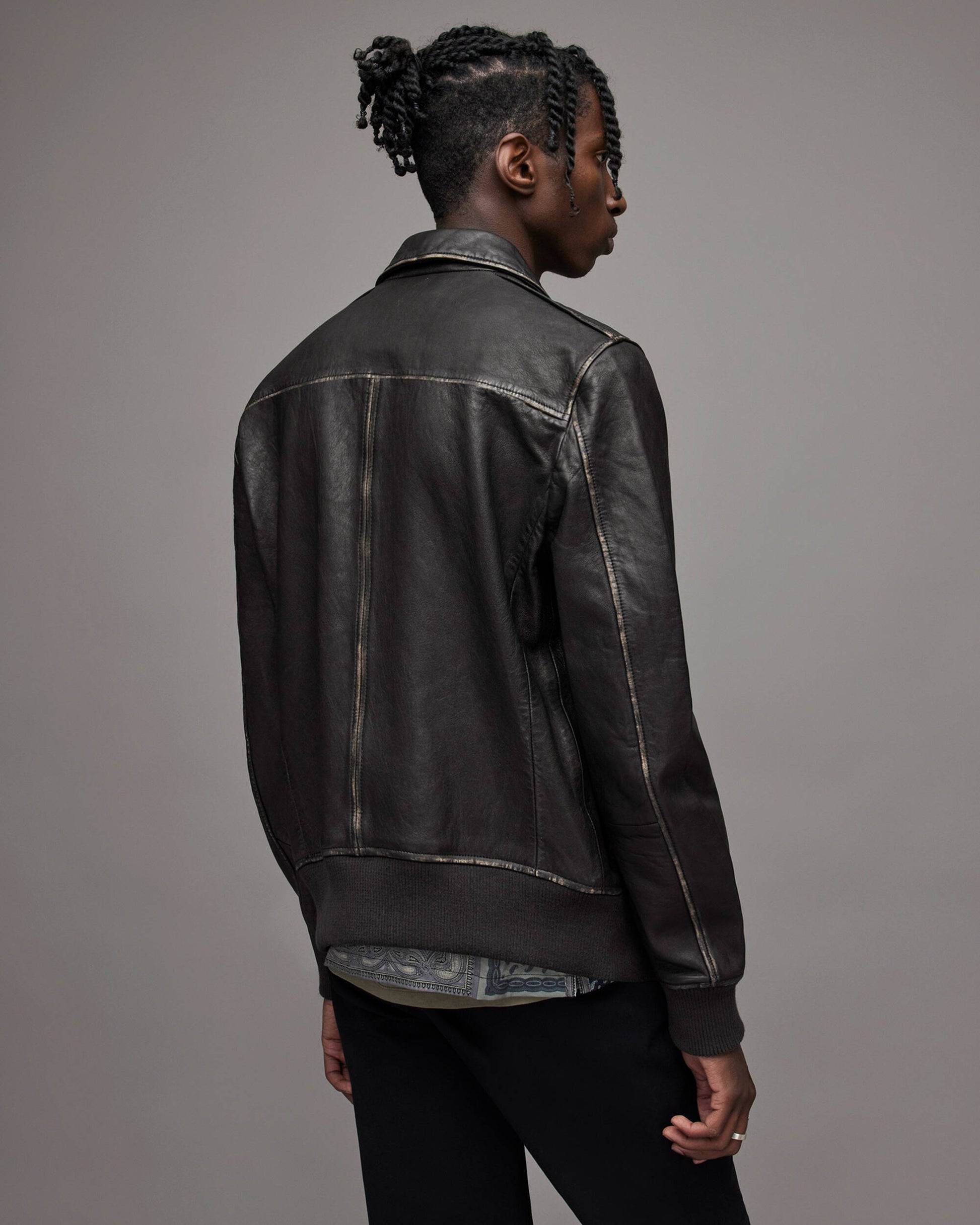 Men's Distressed Leather Bomber Harrington Jacket In Black