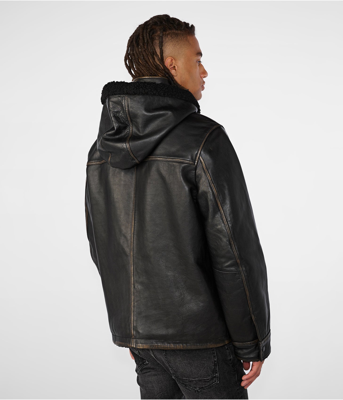 Men's Distressed Leather Harrington Shearling Jacket In Black