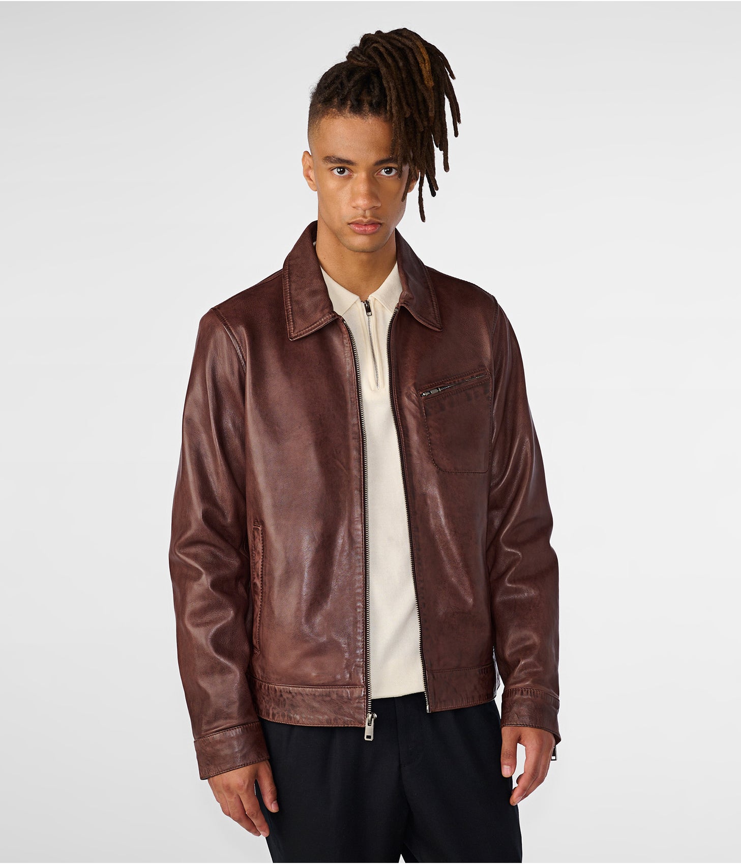 Men's Distressed Leather Jacket In Dark Brown