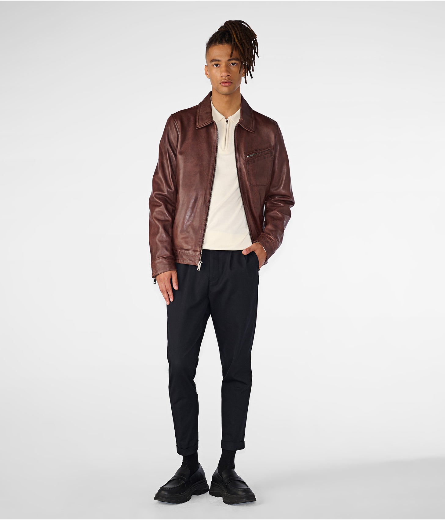 Men's Distressed Leather Jacket In Dark Brown