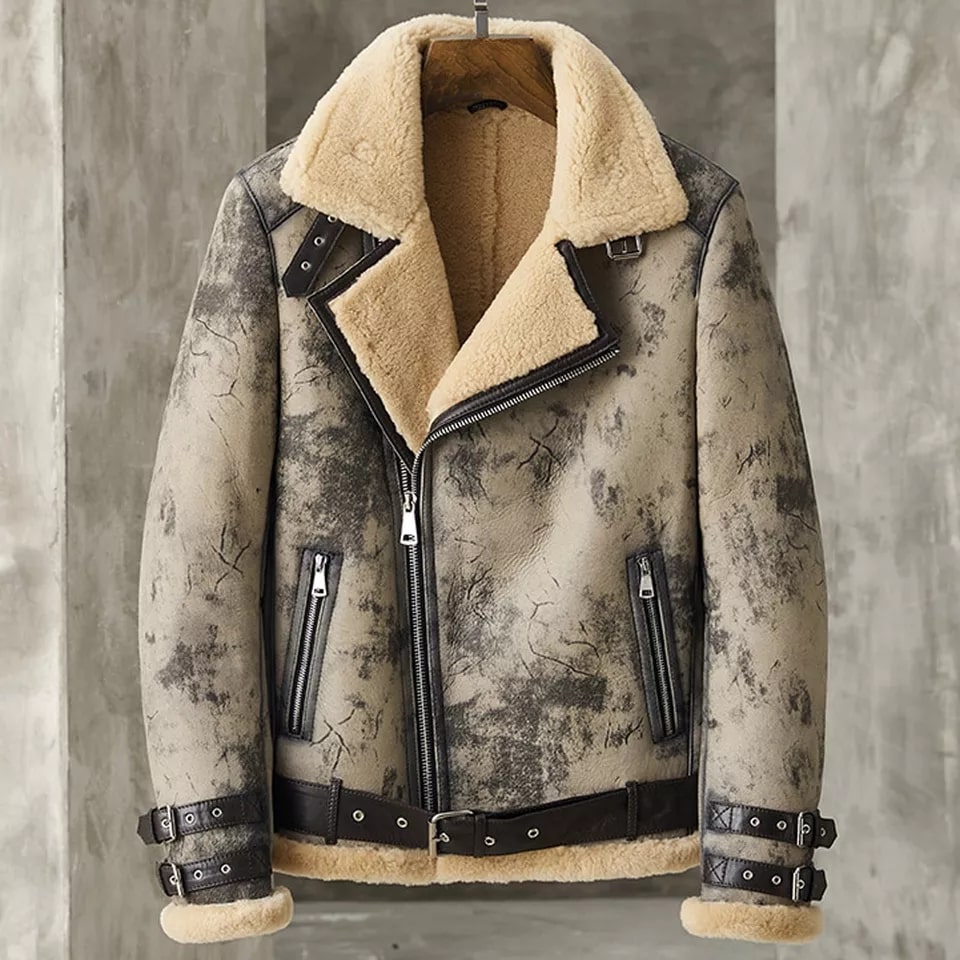 Men’s Distressed Shearling Biker Leather Jacket