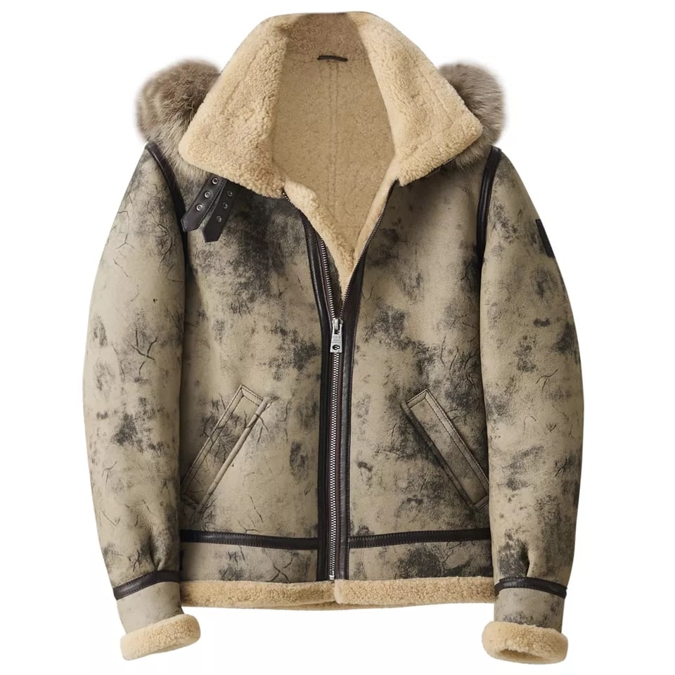 Men's Distressed Shearling Leather Jacket With Fur Hooded