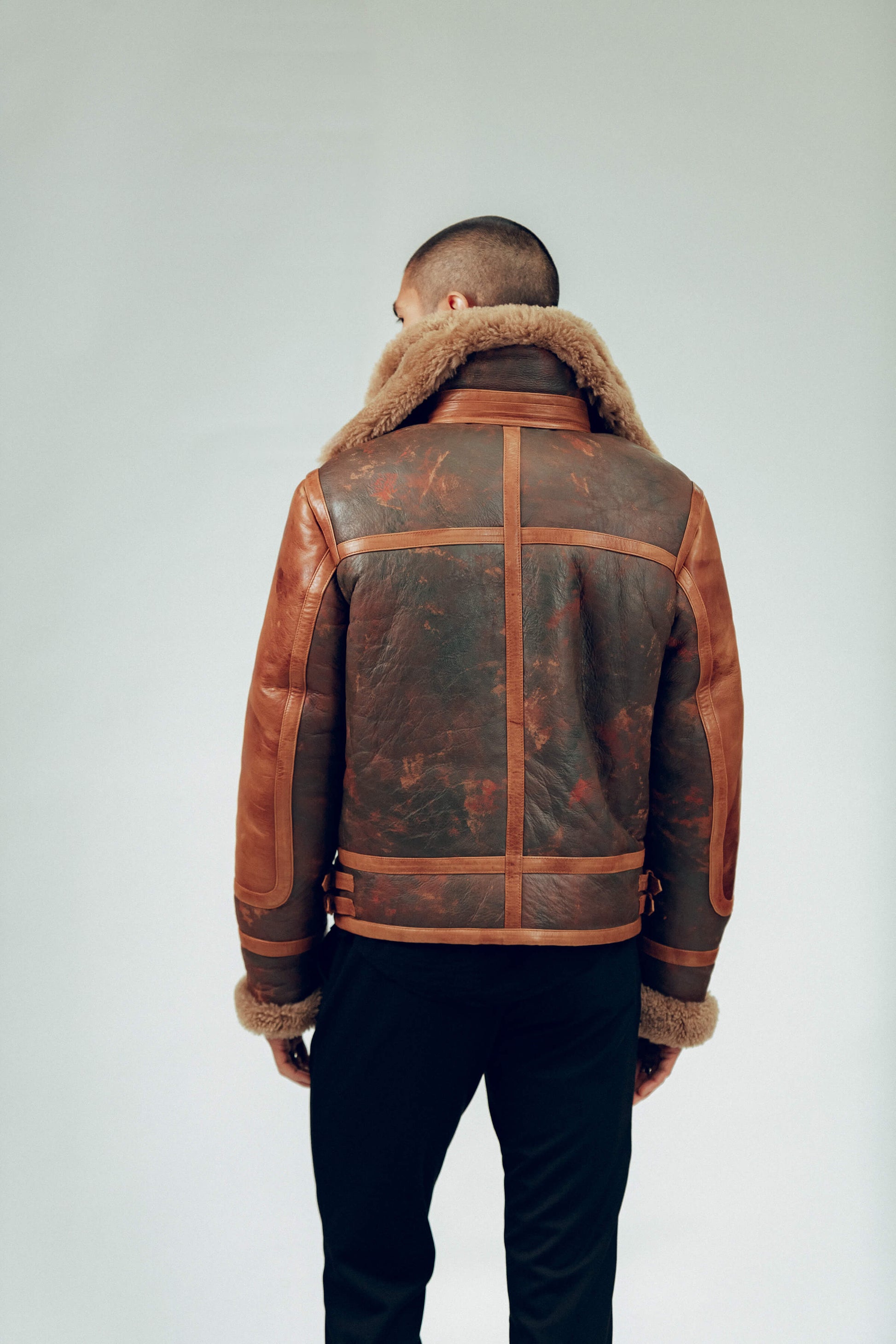 Men's Distressed Sheepskin Leather Shearling Jacket In Brown