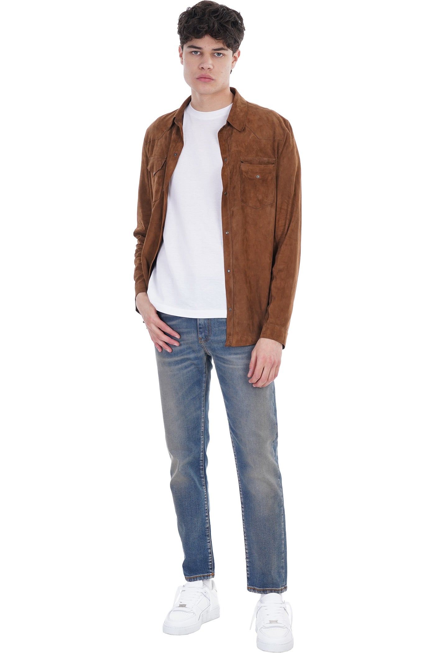 Men's Full Sleeve Suede Leather Shirt In Tan Brown