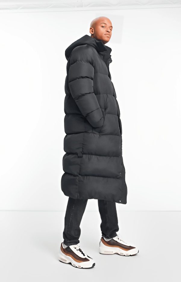 Men's Hooded Trench Puffer Coat In Black