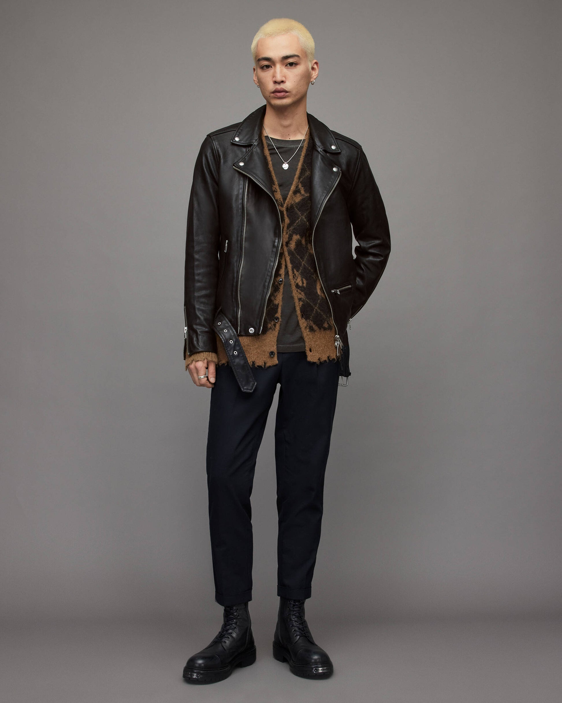 Men's Leather Biker Jacket In Black With Belt