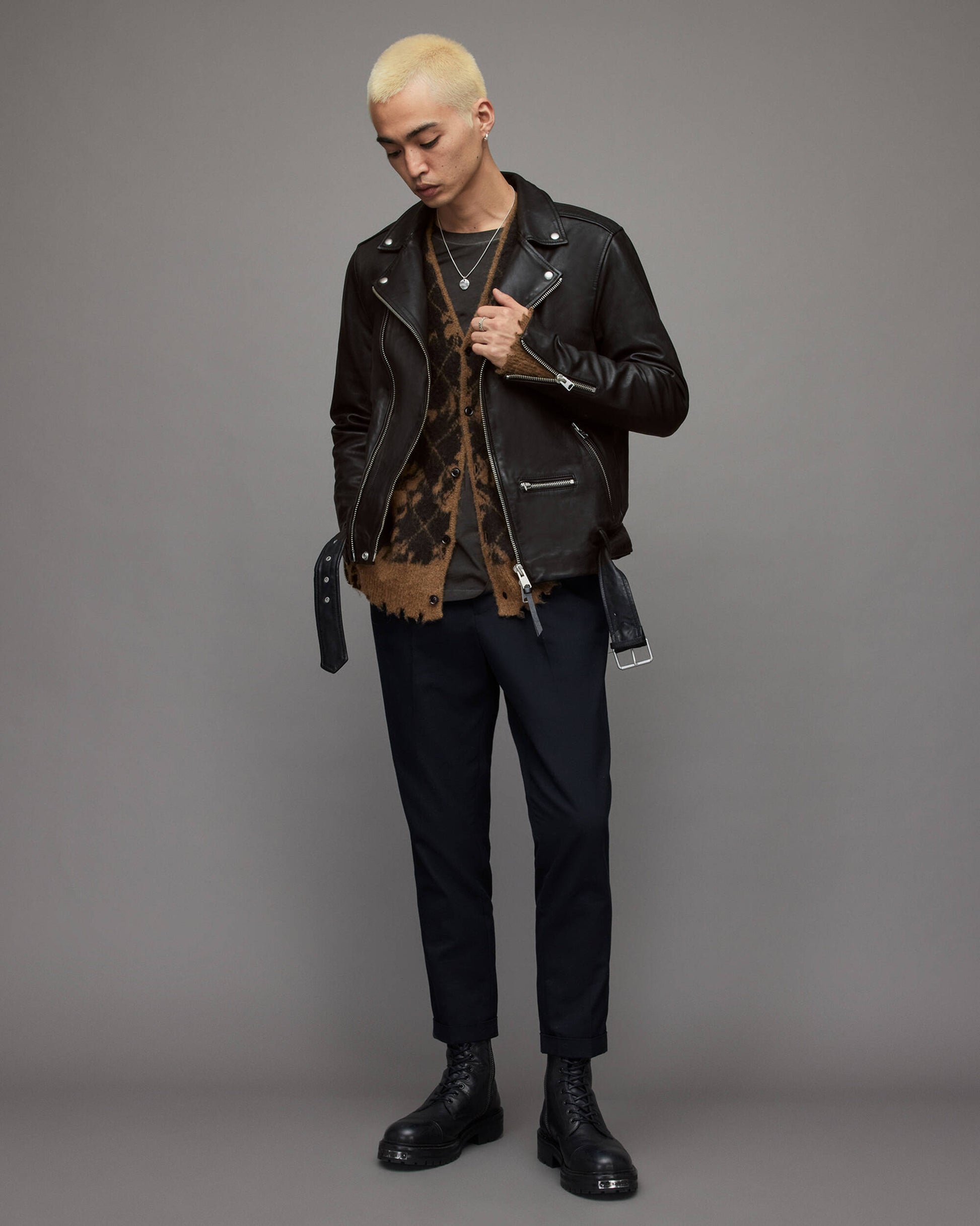 Men's Leather Biker Jacket In Black With Belt