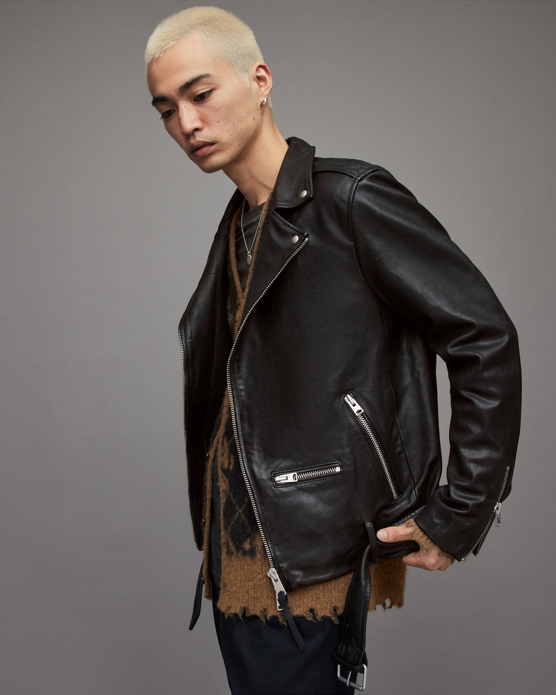 Men's Leather Biker Jacket In Black With Belt