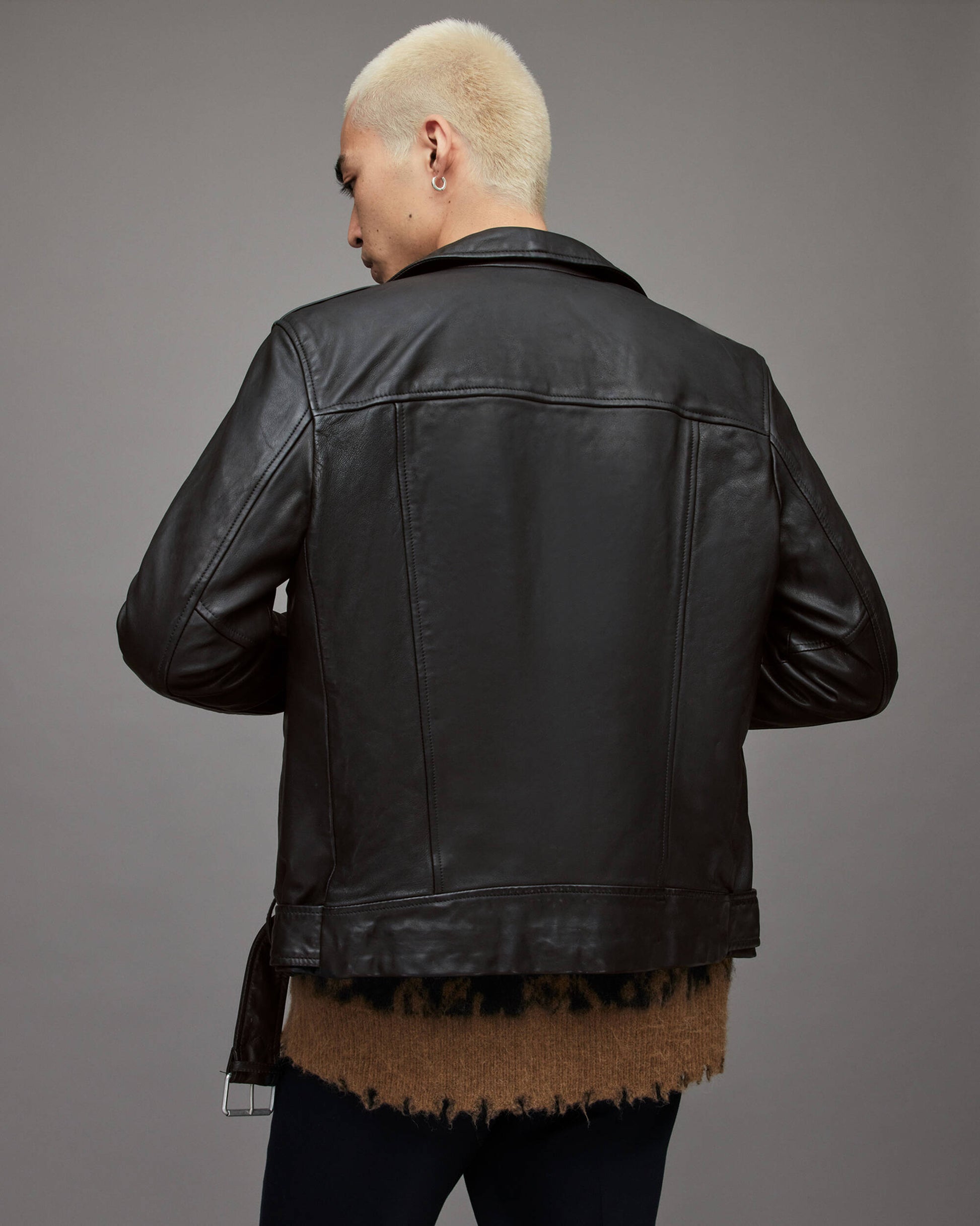 Men's Leather Biker Jacket In Black With Belt